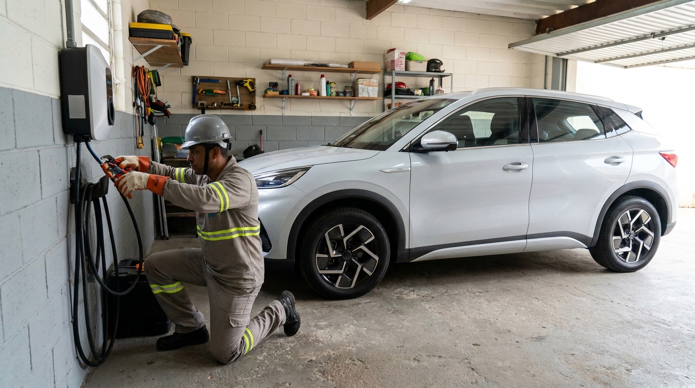Eletricista instalando carregador de carro eletrico em Botucatu‑SP