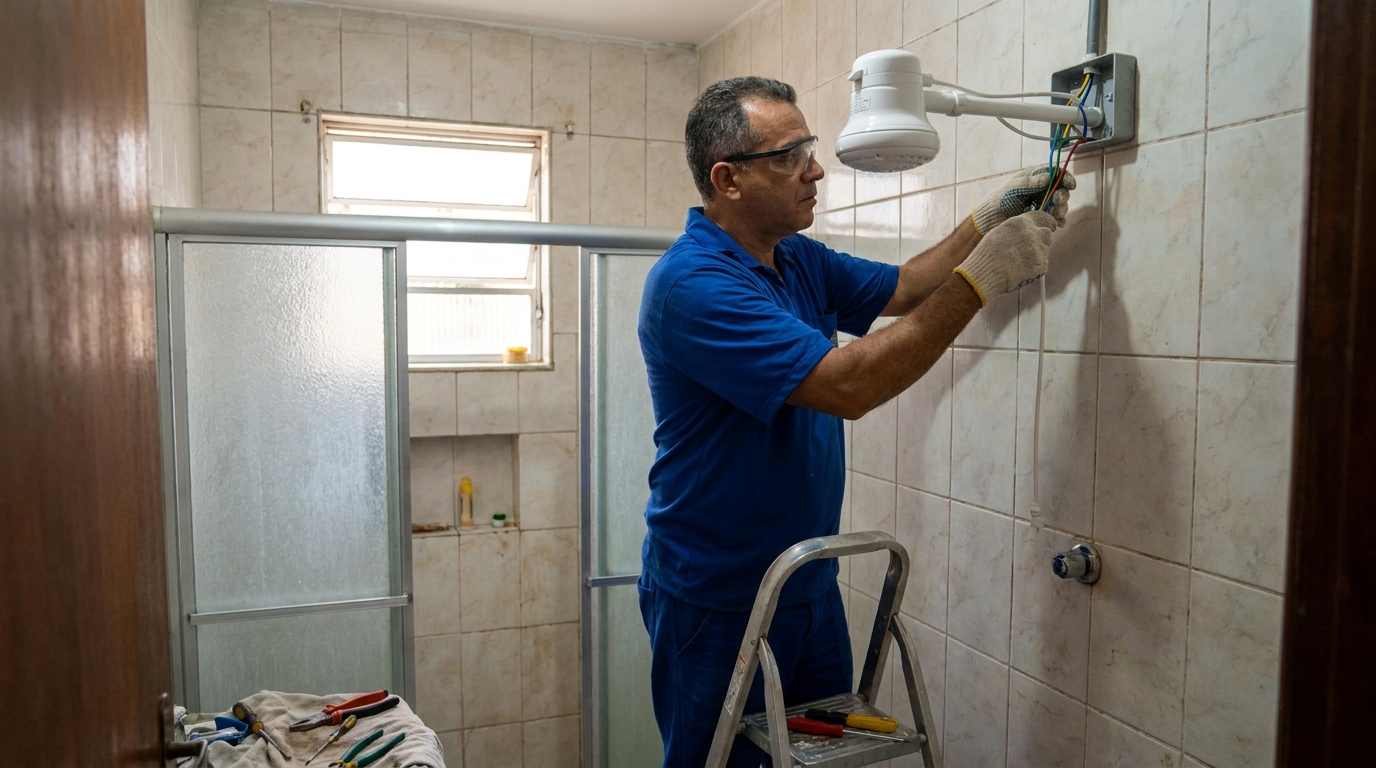 Eletricista instalando chuveiro eletrico em Botucatu‑SP