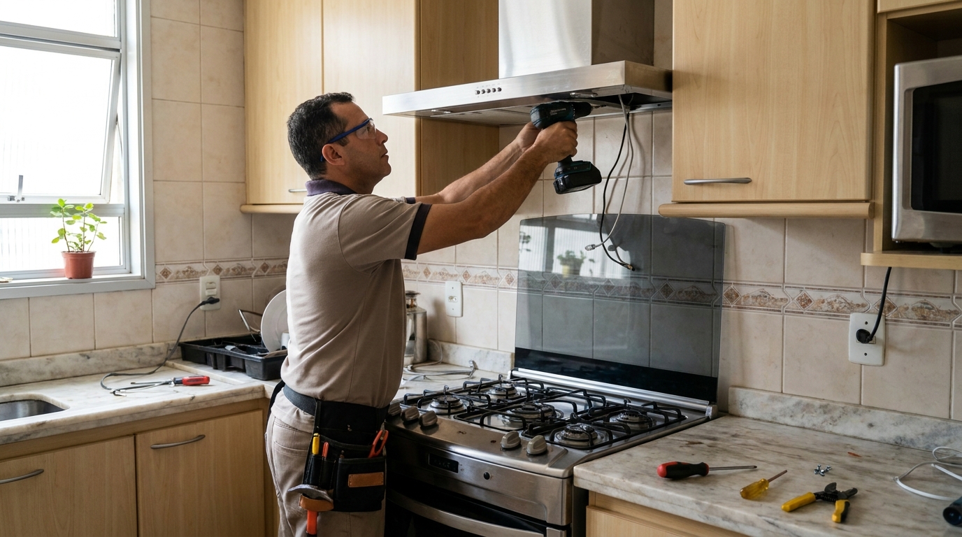 Eletricista instalando coifa em Botucatu‑SP